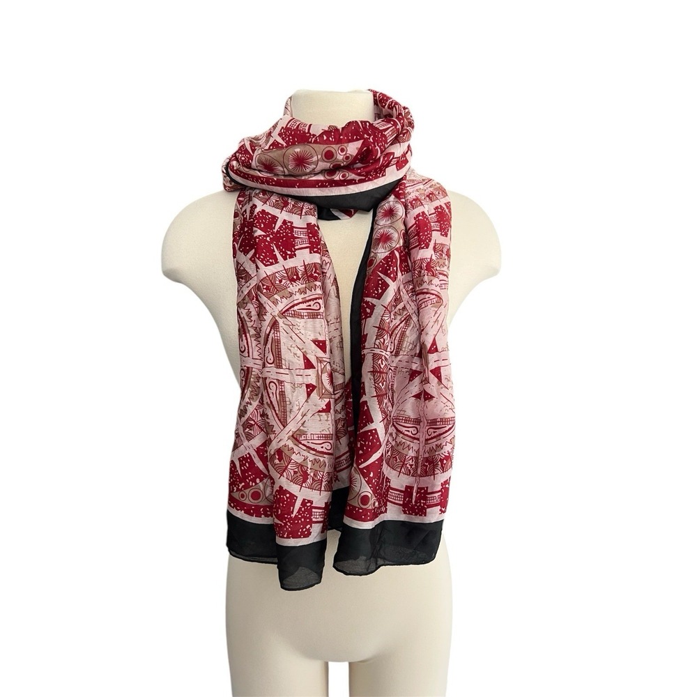 Geometric Print Red Scarf Sheer Lightweight 100% Silk Festival Boho